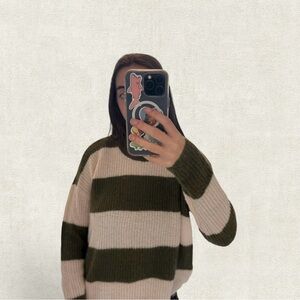 Madewell Olive and Cream Striped Crewneck Sweater